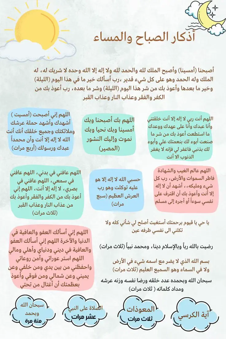 أذكار الصباح والمساء هي أدعية وأذكار يقرأها المسلم في الصباح والمساء لحماية نفسه من الشرور، ولجلب الخير والبركة، مثل 