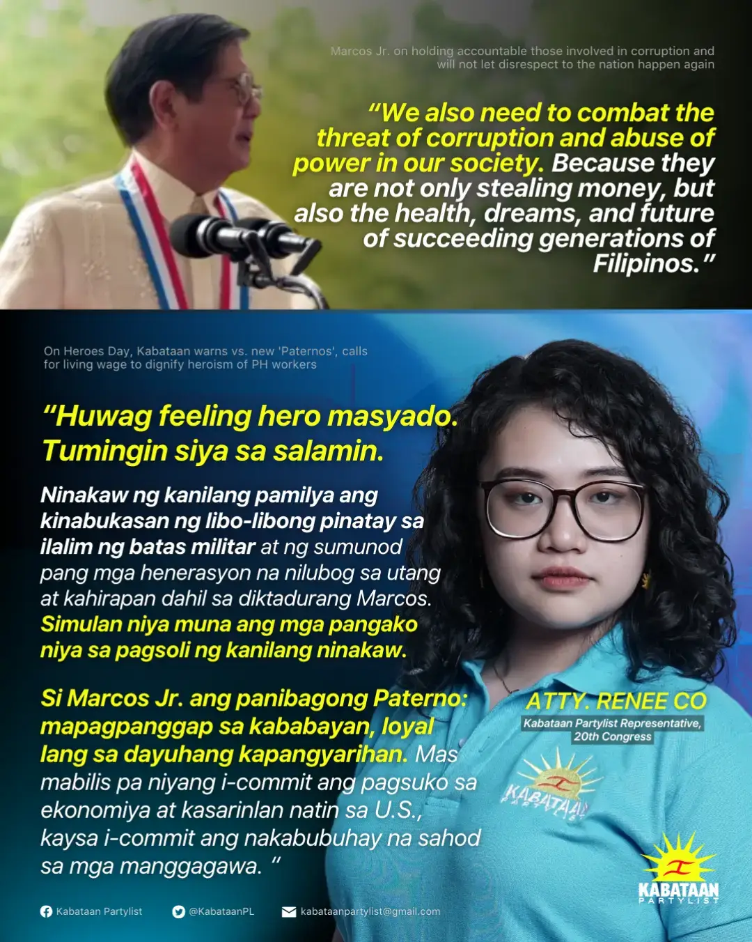 Kabataan Partylist hits the shameless posturing of Marcos Jr. against corruption and abuse of power on National Heroes Day. 