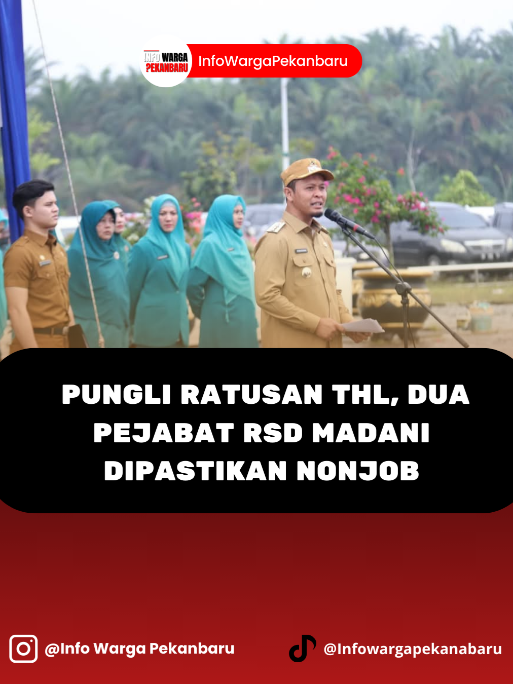 🚨 Tegas! ASN Terlibat Pungli Dinonjobkan Wali Kota Pekanbaru, Agung Nugroho, menindak tegas kasus pungutan liar di RSD Madani. Dua pejabat, yakni Kabid Sumber Daya Informasi Rice Maulana dan Kasubag Umum Hidayat Mardianto, bersama satu ASN staf, resmi dinonjobkan. Selain sanksi berat ini, Inspektorat juga mewajibkan mereka mengembalikan uang pungli yang telah dipungut dari ratusan Tenaga Harian Lepas. Agung mengingatkan, ASN wajib bekerja sesuai aturan dan tidak boleh menyalahgunakan jabatan. Sanksi ini menjadi peringatan keras agar tidak ada lagi praktik pungli di lingkungan Pemko Pekanbaru. 💬 #BeritaPekanbaru #PekanbaruUpdate #PekanbaruNews #RiauTerkini #InfoPekanbaru #BeritaRiau #ASN #KasusPungli #BreakingNews #UpdatePekanbaru #WaliKotaAgung