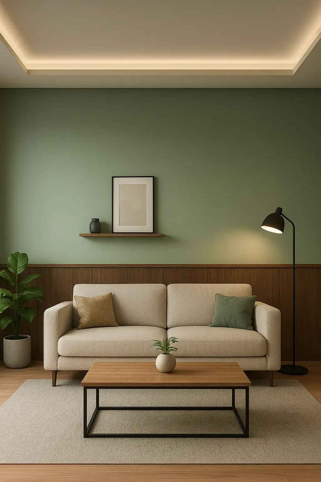 ide design backdrop dinding ruang tamu simpel minimalis pilihan hijau sage dan krem #interiordesign #interior #furniture #interiorhpl #emakemak 