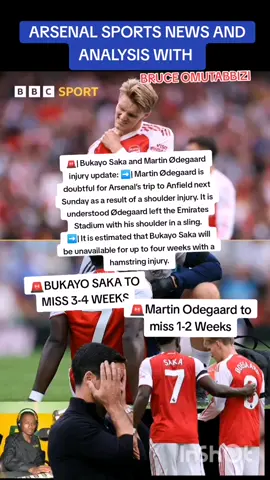 Arsenal sports news and analysis with Bruce Omutabbizi., 🚨| Bukayo Saka and Martin Ødegaard injury update:,➡️| Martin Ødegaard is doubtful for Arsenal’s trip to Anfield next Sunday as a result of a shoulder injury. It is understood Ødegaard left the Emirates Stadium with his shoulder in a sling. ➡️| It is estimated that Bukayo Saka will be unavailable for up to four weeks with a hamstring injury...#PremierLeague #foryoupag #fyp #footballtiktok #arsenaldiehard♥️💕 Arsenal in my DNA🧬🧬Gunners forever🛑📌📌🌟🌟🇺🇬🇺🇬...