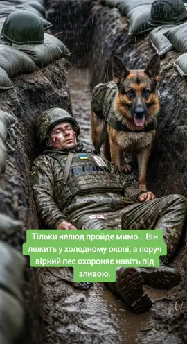 Він лежить у холодному окопі, а поруч вірний пес охороняє навіть під зливою.😭🙏