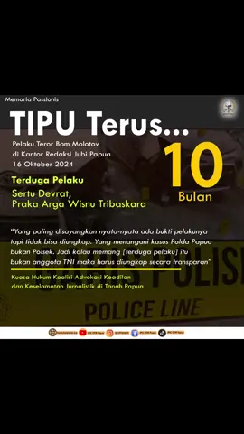 Sudah sepuluh (10) bulan para penegak hukum ini tipu terus. Padahal sudah jelas pelakunya tetapi begitu sudah. Dorang hanya bisa berbuat tetapi tra bisa bertanggung jawab. Mungkin juga terduga pelakunya dipindahkan ke daerah lain ka. Keluarga dorang semuanya, mari berdiri bersama kami di Redaksi Jubi. Tuhan berkati kita semuanya. #westpapua #memoriapassionis #papuabukantanahkosong #jpicofmpapua #deforest 