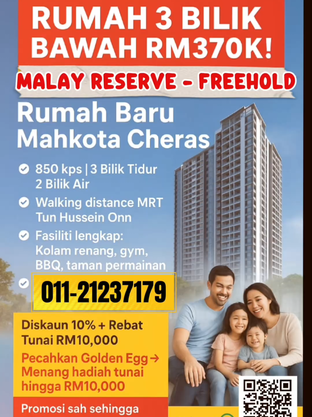 Rumah 3 bilik FREEHOLD, Malay Reserve bawah RM370k di Mahkota Cheras! 🏠 850 kps | 3 Bilik | 2 Bilik Air 📍 Walking distance ke MRT 🚆 🏊‍♂️ Kolam renang, gym & fasiliti lengkap 🔥 Promosi Ogos–September 2025: ✔️ Diskaun 10% + Rebat Tunai RM10k ✔️ Berpeluang menang hadiah tunai hingga RM10k 🎁 #bandarmahkotacheras #cheras #mrtbtho #propertyselangor 