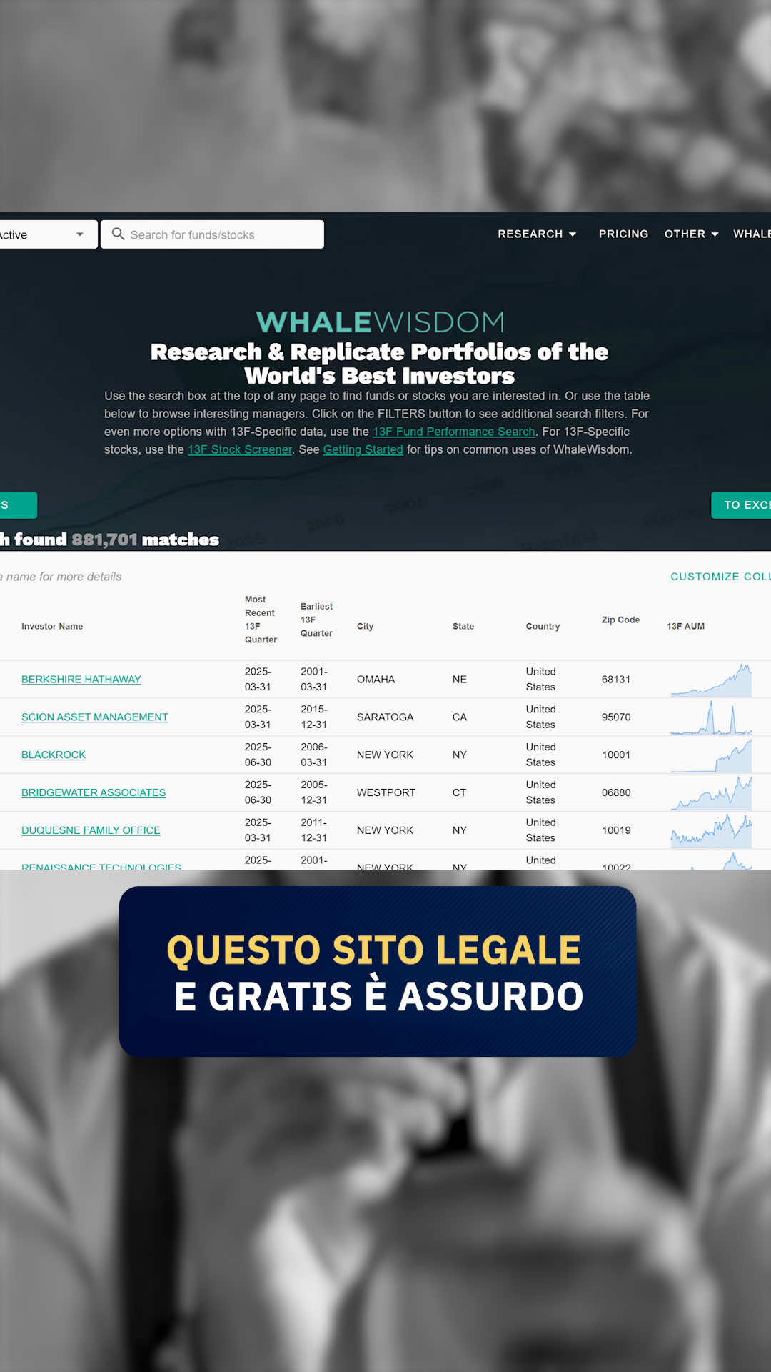 🔎 Vuoi spiare legalmente i portafogli dei più ricchi del mondo? Esiste un sito che ti mostra esattamente dove investono fondi come Berkshire Hathaway, BlackRock o Bridgewater… e puoi vederlo gratis. 💻 Si chiama WhaleWisdom e raccoglie tutti i documenti ufficiali che i grandi fondi devono presentare alla SEC ogni trimestre. 👉 Ti basta entrare, cliccare su “Filers” e troverai: le Top 10 posizioni di ogni fondo cosa hanno comprato o venduto nell’ultimo trimestre i settori su cui stanno puntando miliardi La parte più interessante? Puoi vedere quando un fondo inizia ad accumulare una nuova azione prima che diventi un trend pubblico. In pratica è come avere una spia dentro i fondi miliardari: 📌 puoi studiare Ray Dalio, copiare Warren Buffett o seguire le mosse di BlackRock. Ed è tutto legale e gratuito: per legge devono mostrarti dove mettono i loro soldi. ✍️ Commenta FONDI e ti mando subito il link diretto.