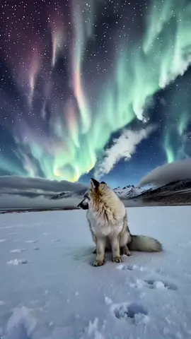 Fond d'écran épique live 4K: Arctic fox watching northern lights in a beautiful snowy landscape #arcticfox #northernlights #viral #wallpaper #livewallpaper 