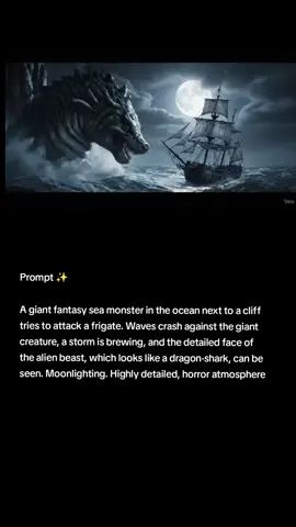 Prompt ✨  A giant fantasy sea monster in the ocean next to a cliff tries to attack a frigate. Waves crash against the giant creature, a storm is brewing, and the detailed face of the alien beast, which looks like a dragon-shark, can be seen. Moonlighting. Highly detailed, horror atmosphere #ai #fyp #veo3 #chatgpt #viralprompts #klingai #dreamai31 
