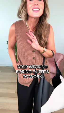 ✨Small tweaks make all the difference! Knit mocha vest paired with a wide leg black trouser and 2 tone heel. Office & work outfit inspo & styling!