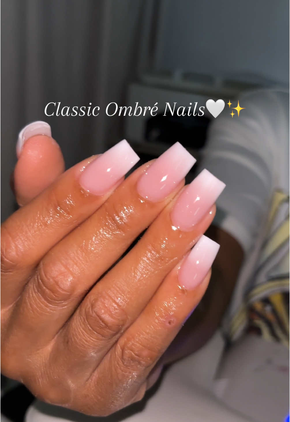 Medium Square Ombré nails will forever give classy and Chic!  #donailswithme #ombrenails #mediumsquarenails #mediumnails #babyboomernails #classynails #cleangirlnails 