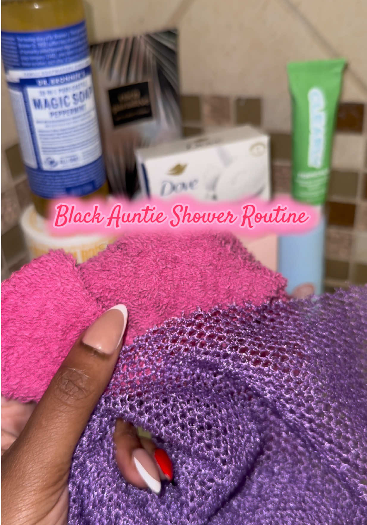Saw a man say he was going down the rabbit hole of black women shower routines lol. Well here is how auntie does it. Are all these steps necessary? Yes absolutely lol. Especially if you want to feel squeaky clean like two pickles rubbing against each other and smell amazing follow these steps. You can use the scrub 2-3 times a week if you have sensitive skin. I love to exfoliate my feet daily so they remain soft. Keep  all fragrant products away from intimate areas especially that mint soap!  #showerroutine #auntie #topicals #eos  @TOPICALS @Dove Beauty & Personal Care @Bath & Body Works @Tree Hut @Fenty Skin 