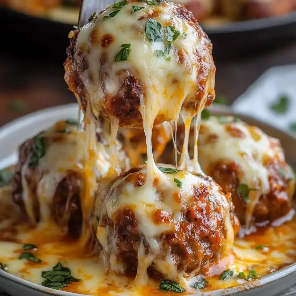 Ingredients: 1 lb ground beef 1/2 cup breadcrumbs 1 egg 1/4 cup grated parmesan cheese 1/2 cup shredded mozzarella cheese 1 tsp garlic powder 1 tsp Italian seasoning 1 can (8 pieces) refrigerated biscuit dough 1/4 cup marinara sauce 2 tbsp butter, melted 1 tsp garlic powder Instructions: Preheat Oven: Set the oven to 375°F (190°C). Prepare Meatballs: In a bowl, combine ground beef, breadcrumbs, egg, parmesan, garlic powder, and Italian seasoning. Form into small meatballs and cook in a skillet until browned. Add Cheese: Make an indentation in each meatball and insert a piece of mozzarella cheese inside. Assemble Bombs: Flatten the biscuit dough, place a meatball in the center, and fold the dough over the top, sealing the edges. Brush with Butter: Mix melted butter with garlic powder and brush over each bomb. Bake: Bake for 12-15 minutes or until golden brown. Serve with warm marinara sauce for dipping. #meatballs #Cheese #Foodi 