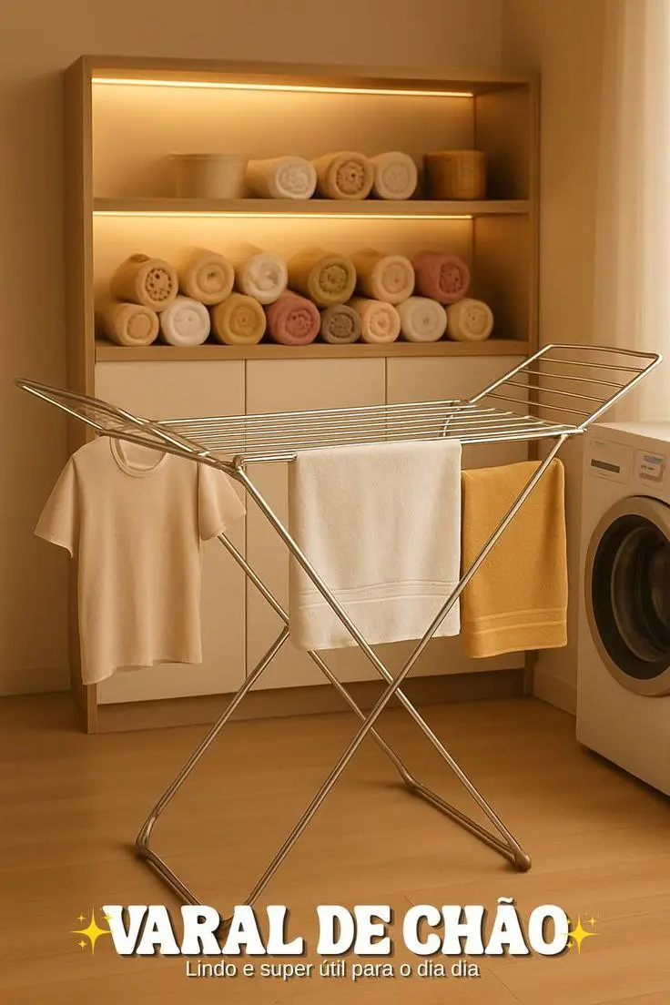 Mais praticidade para o seu dia a dia! Chega de roupas espalhadas pela casa – o Varal de Chão Dobrável em Aço Inox é a solução perfeita para quem busca organização, resistência e economia de espaço. ✅ Compacto e dobrável: use quando precisar e guarde sem ocupar espaço. ✅ Resistente e durável: estrutura em aço inox que suporta várias peças. ✅ Versátil: ideal para roupas, toalhas e peças delicadas. ✅ Perfeito para qualquer ambiente: lavanderia, varanda ou até dentro de casa.