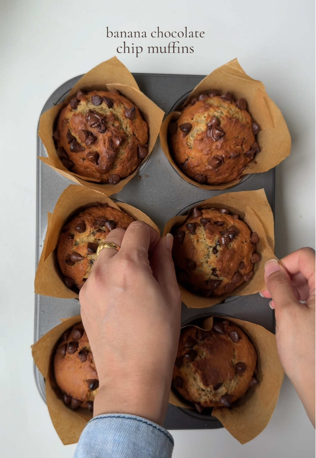 Banana Chocolate chip muffins  Ingredients  3 large ripe bananas , finely mashed  1 1/2 (190g) cups all purpose flour  6 tbsp (85g) unsalted butter, melted  1/2 cup (100g) granulated sugar  1/3 cup (65g) brown sugar  1 egg, room temp 3/4 tsp baking soda 1/2 tsp baking powder  Pinch of salt 1 tsp cinnamon, optional  1 tbsp vanilla bean paste/vanilla extract  1/4 cup (60g) sour cream or whole milk Greek yogurt , room temp 1 cup (250g) semi sweet chocolate chips + more for topping  Method: In a mixing bowl crack an egg, add granulated sugar and mix for 2-3 min until the mixture turns light pale in color add brown sugar and mix again for 1 min. Add in  the mashed bananas along with butter vanilla bean paste and sour cream mix until well combined and blended. In a separate bowl mix dry ingredients, all purpose flour, baking powder baking soda salt and cinnamon powder. Mix to combine. Add dry ingredients to the wet batter. Gently fold in the batter add chocolate chips and mix to combine. Do not over mix the batter.  Let the batter sit at room temperature for 1 hour un disturbed before baking. Evenly distribute the batter into the lined muffin tin. Pre heat oven to 425 F. Bake the muffins for 5 min then without opening the oven, change the temperature to 375 F and bake the muffins for another 15 min or until the toothpick comes out clean. Let cool completely before serving and enjoy. #muffins #bananachocolatechip #Recipe 