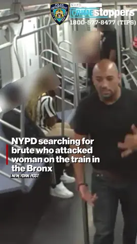 A straphanger pummeled a 64-year-old woman when she confronted him about illegally smoking on a Bronx train, cops said – as they released footage of the still-at-large brute. Link in bio for more.
