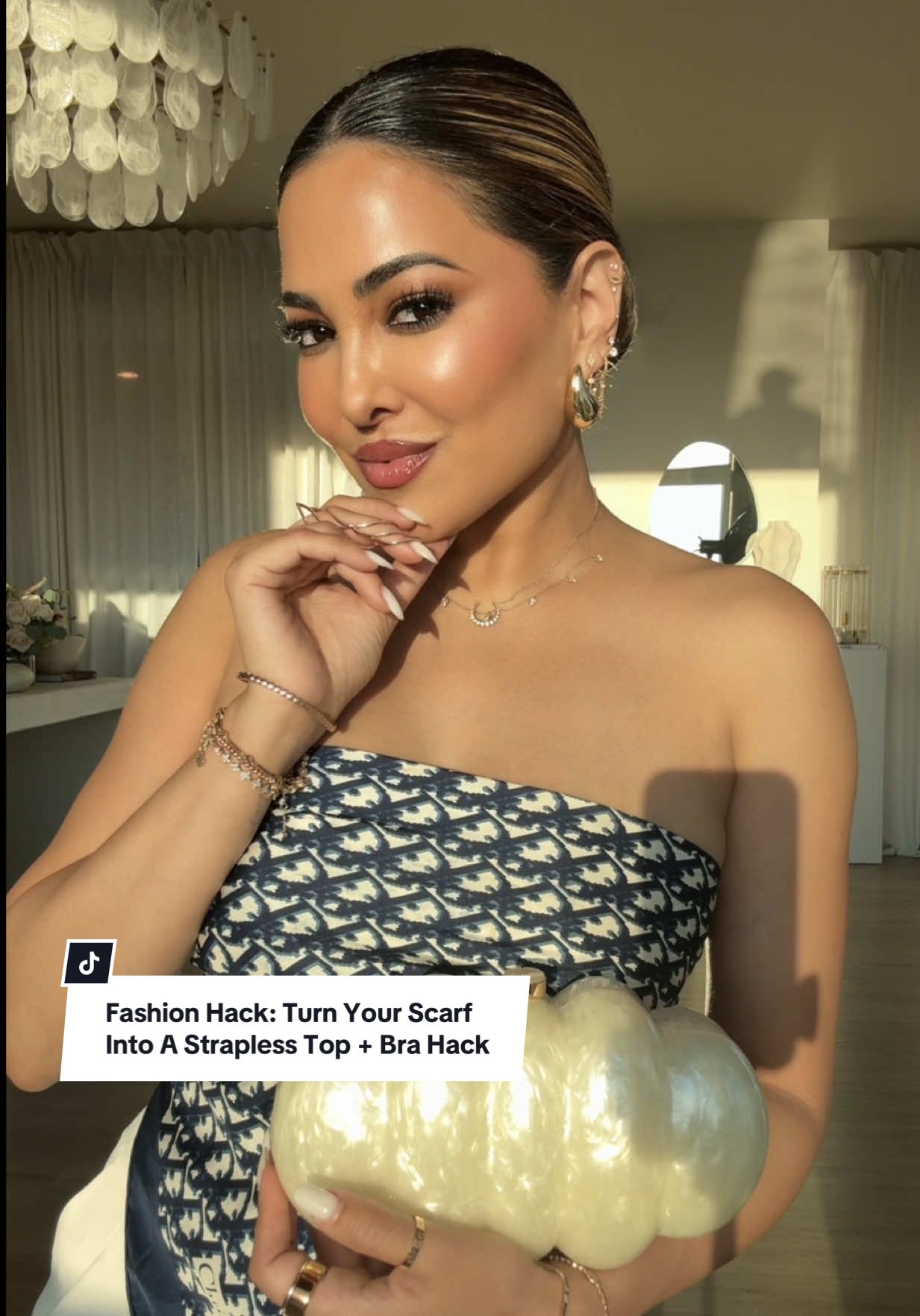 Fashion Hack: Turn Your Scarf Into A Strapless Top + Bra Hack✨ #grwm  Absolutely love this hack for added support and shape when styling a strapless scarf top! This is one of my favorite scarf top looks💫 Rate this #fashionhack from 1-10! Memo: you can wrap the ends of the scarf up and over the bra so it doesn’t show.  I injured my left arm so I was struggling with the wrapping part of the clip lol Todays affirmation: “I am worthy of all of the good things in life” 🦋 TAG someone who would love this, & comment down below if you want to see more #style hacks!  Don’t forget to save this video to refer back to when you’re ready to get dressed up xo • #OOTD #fyp           Todays affirmation: “I am worthy of all of the good things in life” 🦋