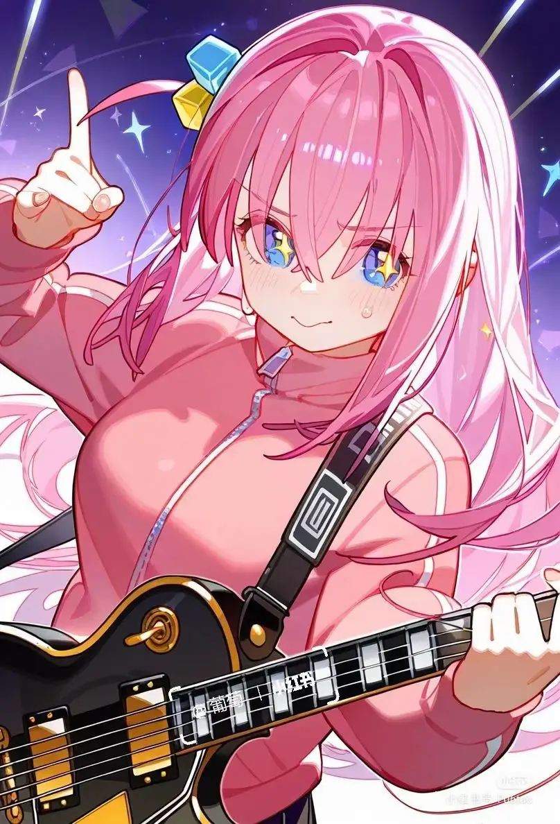Hitori Gotou is characterized by her long, straight pink hair, typically adorned with a blue and yellow cube hair clip on the right side of her head. She has large aqua-blue eyes and a fair complexion, often accompanied by a somewhat vacant or anxious expression. Her go-to outfit consists of a loose-fitting pink tracksuit top, a long gray pleated skirt, black knee-high socks, and brown loafers. The oversized clothes reflect her introverted nature and preference for staying unnoticed. While her physique may be subtly noted in the manga, it’s intentionally downplayed in her usual wardrobe and demeanor. Hitori is an extremely introverted girl with high social anxiety, making it very difficult for her to talk to strangers. She often tries to avoid interactions, even performing her first live house show from inside a cardboard mango box.Because of her introversion, she rarely goes outside and instead spends most of her time at home, playing the guitar alone in a dark closet. She seeks praise from others, likely as a reaction to her personality. She started playing the guitar to become a music star for the sole reason of being admired. She sometimes attempts to socialize, often in unusual ways, such as mimicking how others talk. However, these attempts often fail. Despite her low self-esteem and anxiety, Gotoh unknowingly becomes a close and reliable friend or even an idol and a source of inspiration for the people around her. Sometimes she does notice how other people appreciate her, but Hitori doesn't draw any conclusions from this, simply bragging about it to her friends or going off into another fantasy about future popularity. Probably because her self-esteem is so low, Hitori perceives any positive attitude towards her as a coincidence or a rare achievement, without thinking at all about how she was able to achieve such an attitude and how she can maintain or develop it. Considering also that due to her constant anxiety and bad mood, she is simply not used to positive emotions and easily gets carried away by them whenever possible. #hitorigoto #bochitherock #anime #wallpaper
