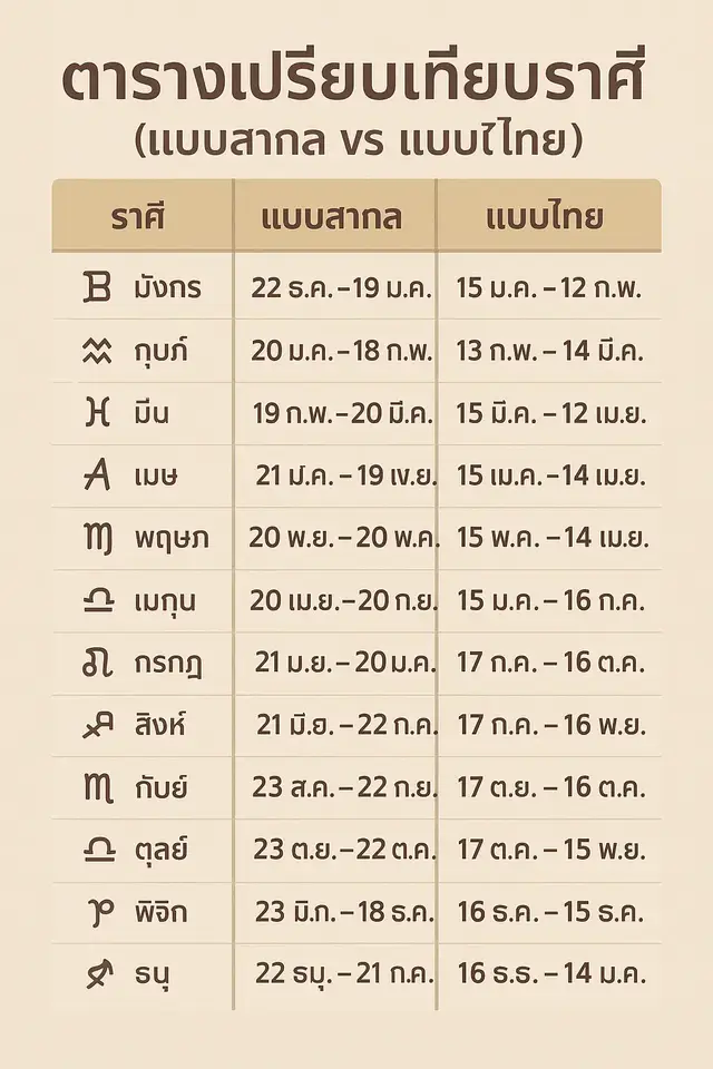 การนับ 12 ราศี มีอยู่ 2 แบบหลัก ๆ คือ แบบไทย และ แบบสากล (ตะวันตก) โดยจะแตกต่างกันเล็กน้อยตรงวันที่เริ่ม–สิ้นสุดของแต่ละราศี บุคลิกตรงแบบไหนยึดแบบนั้นค่ะ.. --- 📌 1. แบบสากล (ตะวันตก) ใช้ระบบ โหราศาสตร์ตะวันตก (อิงตามการโคจรของดวงอาทิตย์) ♑ มังกร : 22 ธ.ค. – 19 ม.ค. ♒ กุมภ์ : 20 ม.ค. – 18 ก.พ. ♓ มีน : 19 ก.พ. – 20 มี.ค. ♈ เมษ : 21 มี.ค. – 19 เม.ย. ♉ พฤษภ : 20 เม.ย. – 20 พ.ค. ♊ เมถุน : 21 พ.ค. – 20 มิ.ย. ♋ กรกฎ : 21 มิ.ย. – 22 ก.ค. ♌ สิงห์ : 23 ก.ค. – 22 ส.ค. ♍ กันย์ : 23 ส.ค. – 22 ก.ย. ♎ ตุลย์ : 23 ก.ย. – 22 ต.ค. ♏ พิจิก : 23 ต.ค. – 21 พ.ย. ♐ ธนู : 22 พ.ย. – 21 ธ.ค. --- 📌 2. แบบไทย (นับตามจันทรคติไทย – สายโหราศาสตร์ไทย) จะอิงตาม “ราศีจักร” และคำนวณวันเปลี่ยนราศีโดยประมาณ (อาจต่างกันเล็กน้อยแต่ละสำนัก) ♈ เมษ : 13 เม.ย. – 14 พ.ค. ♉ พฤษภ : 15 พ.ค. – 14 มิ.ย. ♊ เมถุน : 15 มิ.ย. – 16 ก.ค. ♋ กรกฎ : 17 ก.ค. – 16 ส.ค. ♌ สิงห์ : 17 ส.ค. – 16 ก.ย. ♍ กันย์ : 17 ก.ย. – 16 ต.ค. ♎ ตุลย์ : 17 ต.ค. – 15 พ.ย. ♏ พิจิก : 16 พ.ย. – 15 ธ.ค. ♐ ธนู : 16 ธ.ค. – 14 ม.ค. ♑ มังกร : 15 ม.ค. – 12 ก.พ. ♒ กุมภ์ : 13 ก.พ. – 14 มี.ค. ♓ มีน : 15 มี.ค. – 12 เม.ย. --- ✅ จะเห็นว่า แบบสากล จะเปลี่ยนราศีประมาณวันที่ 20–22 ของเดือน แต่ แบบไทย จะเปลี่ยนราศีตรงกับวันสงกรานต์ 13 เม.ย. (เริ่มเมษ) และเดินต่อไปทุกเดือน