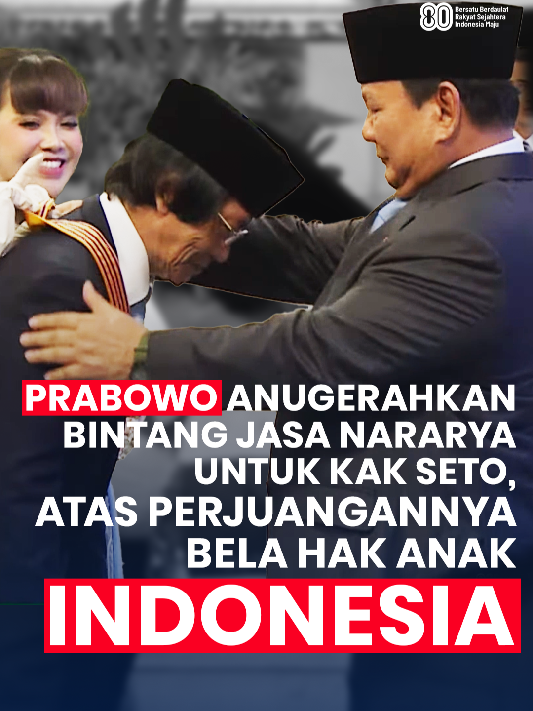 Presiden Prabowo Subianto menganugerahkan Bintang Jasa Nararya kepada Prof. Dr. Seto Mulyadi, sosok yang dikenal luas sebagai Kak Seto. Beliau berjasa besar dalam bidang perlindungan anak, mulai dari pendidikan, advokasi hak anak, hingga pendirian berbagai program kreatif untuk generasi muda Indonesia.  Penghargaan ini menjadi bentuk apresiasi atas dedikasi panjang Kak Seto membangun masa depan anak-anak Indonesia. #PrabowoSubianto #KakSeto #BintangJasaNararya #PerlindunganAnak #Indonesia