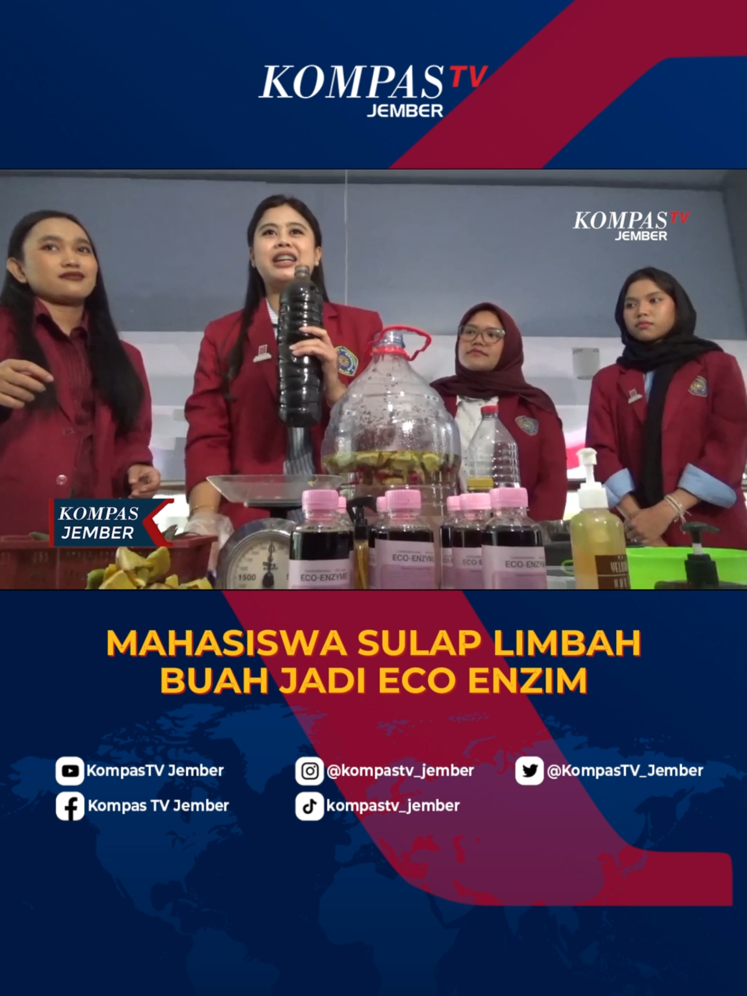 🌱✨ Dari Sampah Jadi Solusi! Mahasiswa Universitas Muhammadiyah Malang (UMM) berhasil mengolah limbah buah-buahan menjadi eco enzim. Cairan ramah lingkungan ini bermanfaat untuk pertanian, perikanan, hingga peternakan. Selain kurangi sampah, inovasi ini juga bantu tingkatkan kesejahteraan petani & nelayan.  #EcoEnzim #InovasiMahasiswa #UMM #MahasiswaMalang #KKN #Pertanian #Perikanan #Peternakan #ZeroWaste #LimbahBuah #BeritaTerkini #KompasTV