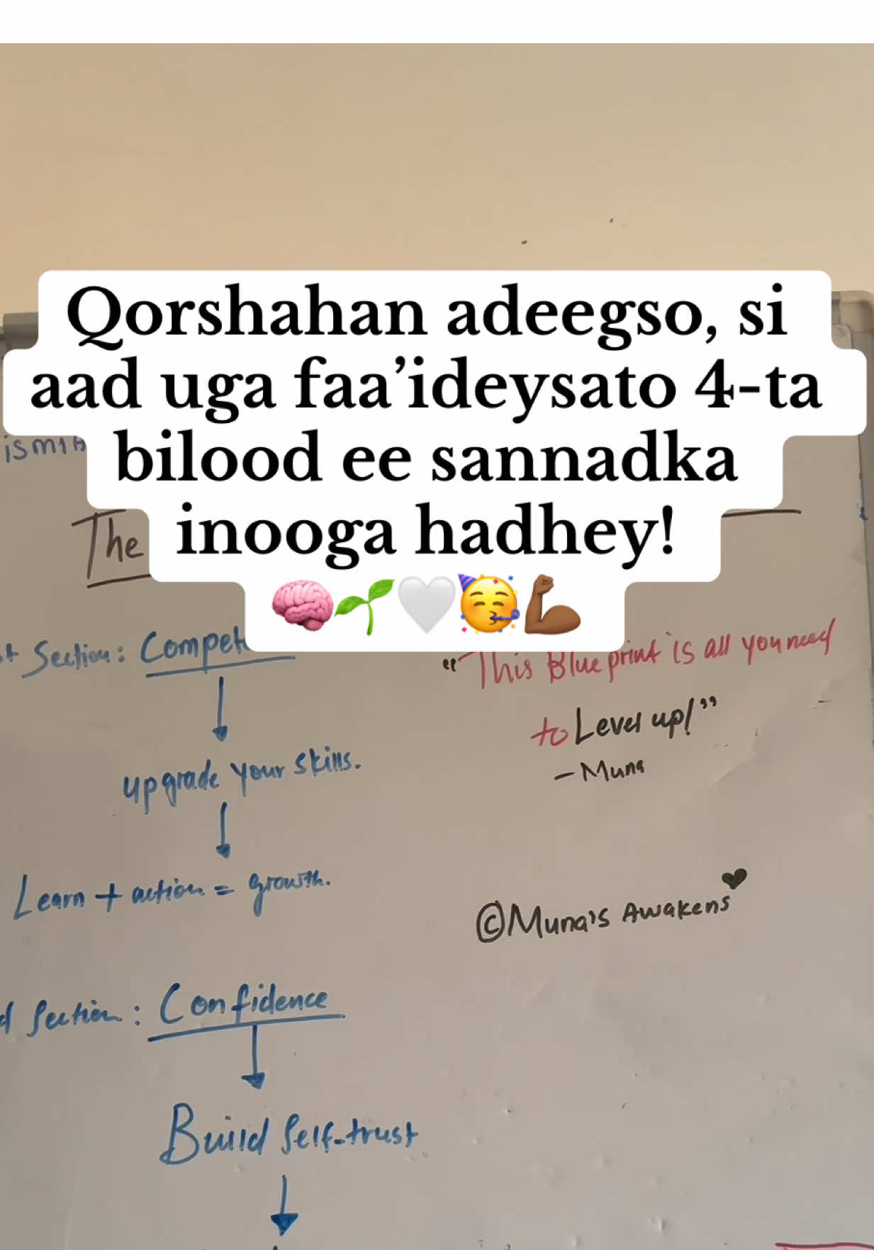 Uma baahnid inaad boqol shay mar keliya wada bilowdo si aad sannadkaaga inta ka hadhey uga yeesho mid aad wax qabsatey, keliya raac blueprint-kan aan kuuso diyaariyey, wuu koobanyahay, waxaanay 4-taa bilood kuu noqon qaar meel kuugu suntan haddii aad fuliso intan. 🧠🥳🌱🤍 #dibudhiskanoloshaada #disciplinedmindsets #munasawakens #munasawakensclass #munaswhiteboard 