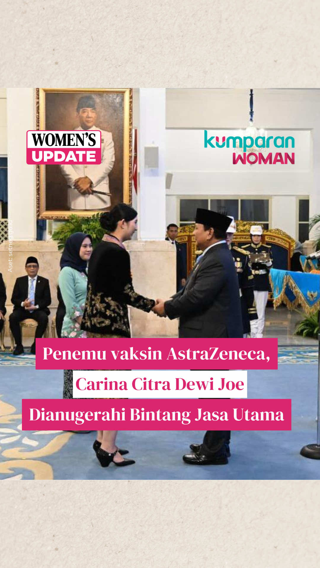 Carina Citra Dewi Joe membuktikan bahwa perempuan Indonesia memiliki potensi di bidang STEM. Penemu vaksin Covid-19 AstraZeneca tersebut dianugerahi Bintang Jasa Utama pada Senin (25/8) oleh Presiden Prabowo Subianto atas kontribusinya di pengembangan bioteknologi dan kesehatan global, termasuk merumuskan formula produksi massal vaksin. Aset: setneg.go.id, YouTube Sekretariat Presiden, Dok. Carina Joe #womensupdate #update #woman #svl #carinajoe       