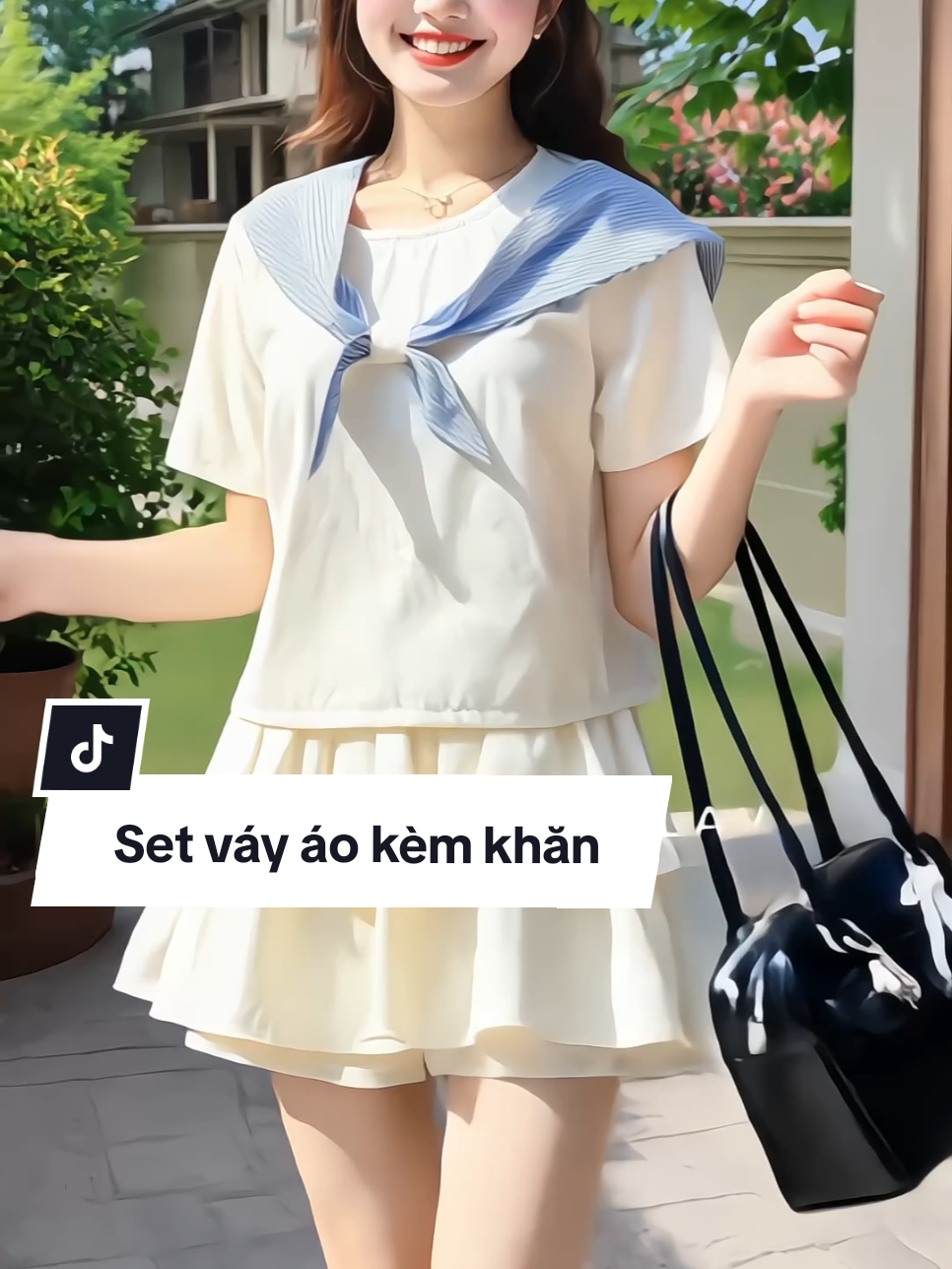 Set váy áo xinh kèm khăn, áo thun ngắn tay phối cùng chân váy tầng trẻ trung, điểm nhấn là khăn quàng thủy thủ thanh lịch nè #setvayao #setdoxinh #setdodep #xuhuong #ThoiTrendNu 
