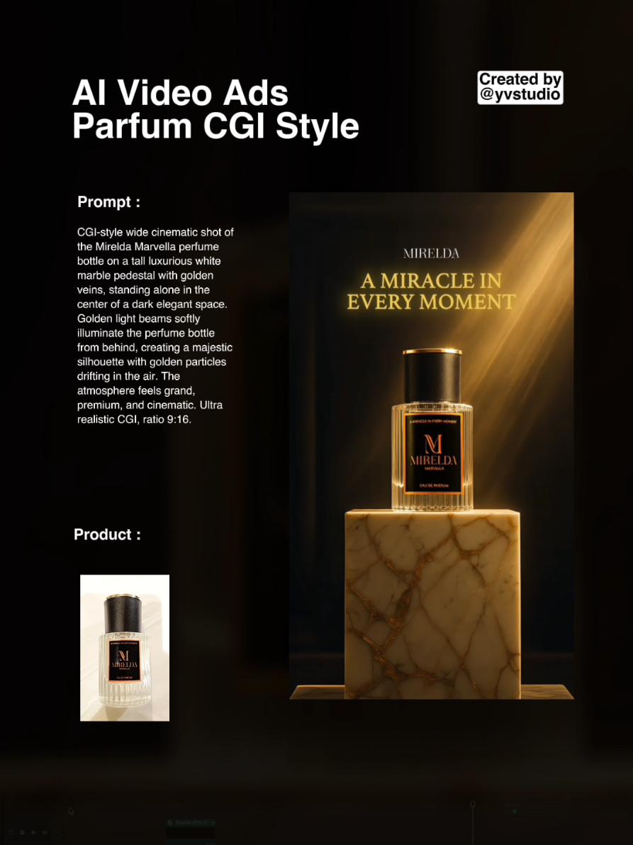 Kali ini client meminta untuk membuatkan video parfum tapi dengan style CGI untuk campaign ads mereka. Semua ide visual, script dan voice over gua pakai AI untuk eksekusinya. Tools : ChatGPT & Kling AI #aigenerated #aivideo #aitutorial #adsvideo #parfume 