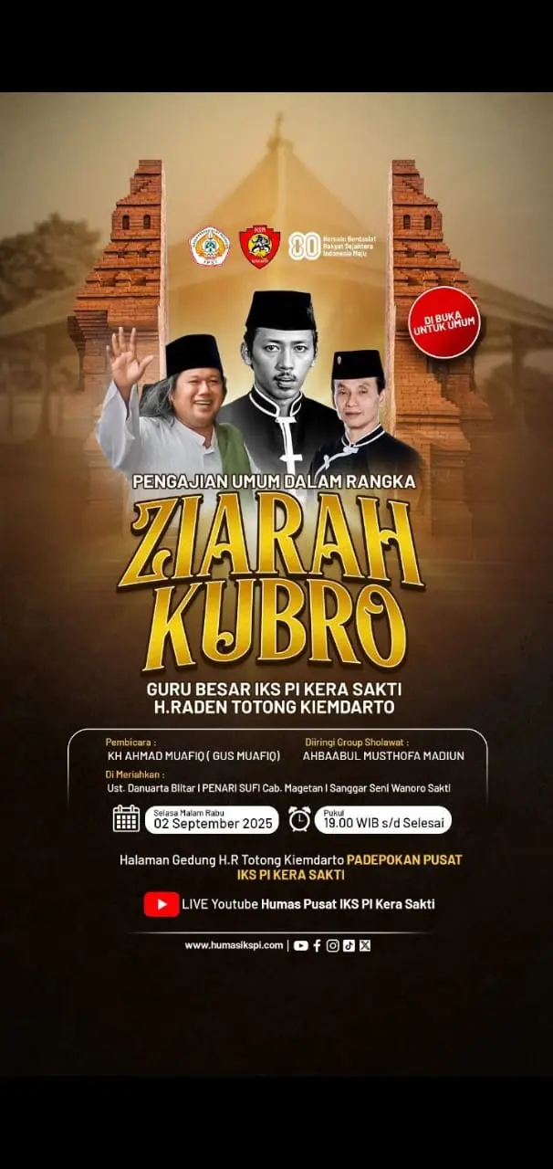 asalamu'alaikum wrwb...salam jien sho mari sodara ku IKSPI semua, hadirlah di padepokan kita ngaji bareng bersama GUS MU'AFIQ hari selasa mlm rabu tgl 2 sept 2025 dlm rangka haul gubes ikspi kera sakti trima kasih wasalam.... 🙏🙏🙏