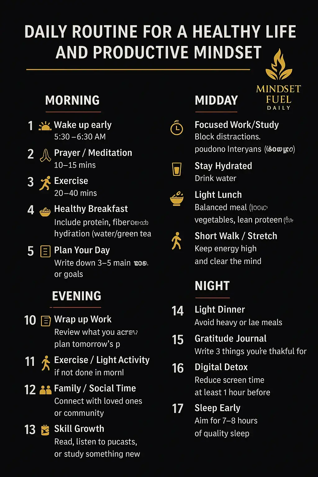 Every great life is built on consistent daily habits. A healthy body fuels a sharp mind, and a focused mind creates a productive and fulfilling life. Your routine shapes your destiny—start your day with gratitude, nourish your body, strengthen your spirit, and end with reflection. Small daily disciplines lead to lasting transformation.