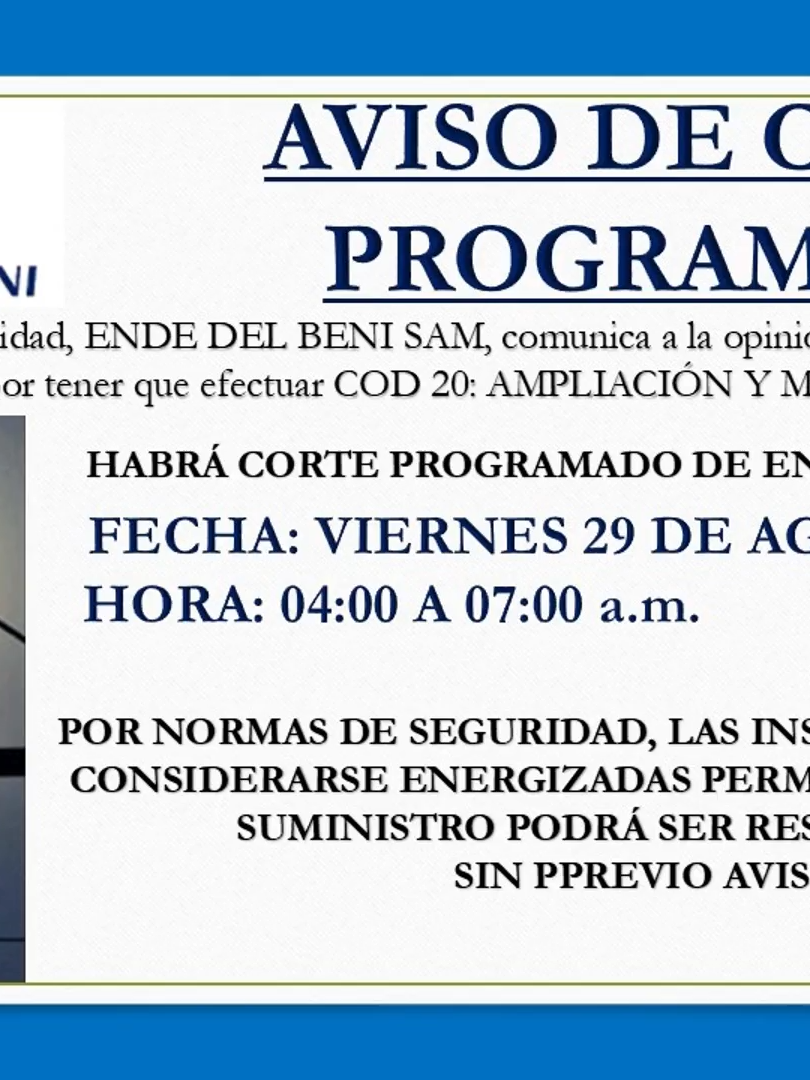 #EspacioSolicitado 26 -08-25 GUAYARAMERÍN-BENI-BOLIVIA AVISO DE CORTE PROGRAMADO EMPRESA DISTRIBUIDORA DE ELECTRICIDAD 