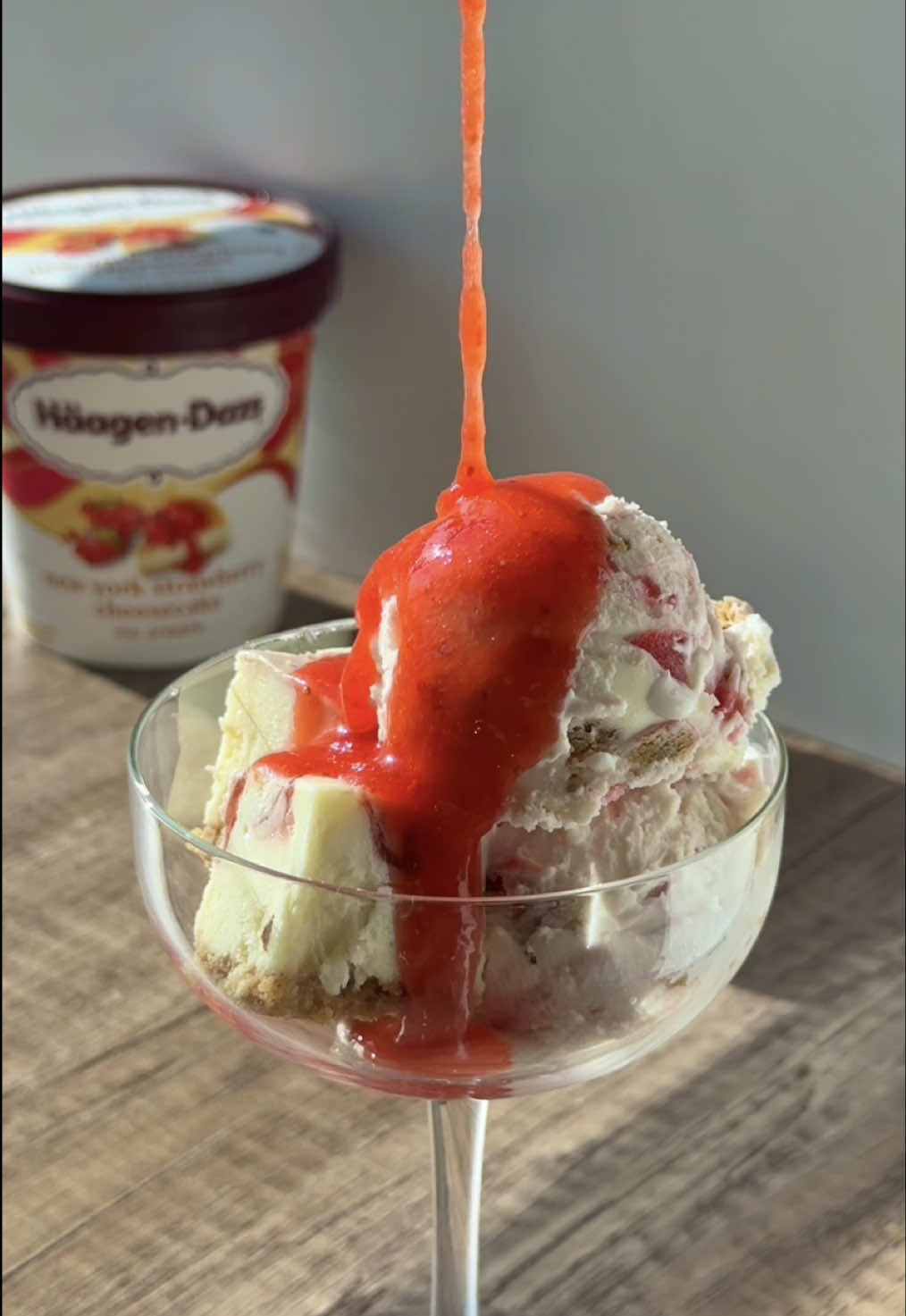 savoring every bite of this New York Strawberry Cheesecake sundae topped with homemade strawberry sauce Recipe for Homemade Strawberry sauce:  1 cup chopped strawberries 1/4 - 1/2 cup white sugar, to taste Instructions:  Blend strawberries until smooth Add sugar into strawberry sauce incrementally until desired sweetness 