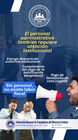 La FENTRAMIP PERÚ viene gestionando la pronta atención de las demandas pendientes que dependen únicamente de la institución, que al igual que se emiten informes viabilizando la aprobación de aumentos de bonificación para el personal fiscal, en igual prioridad DEBE  dar atención a la entrega del 𝙪𝙣𝙞𝙛𝙤𝙧𝙢𝙚 𝙞𝙣𝙨𝙩𝙞𝙩𝙪𝙘𝙞𝙤𝙣𝙖𝙡, el pago del 𝙗𝙤𝙣𝙤 100 acordado en negociación colectiva del año  2024, así como la ejecución del 𝙥𝙖𝙜𝙤 𝙙𝙚 𝙨𝙚𝙣𝙩𝙚𝙣𝙘𝙞𝙖𝙨 de cosa juzgada, la cual innecesariamente viene dilatando. 𝐄𝐱𝐢𝐠𝐢𝐦𝐨𝐬 𝐫𝐞𝐬𝐩𝐞𝐭𝐨 𝐚 𝐥𝐨𝐬 𝐭𝐫𝐚𝐛𝐚𝐣𝐚𝐝𝐨𝐫𝐞𝐬. @ministeriopublico_ @mefperu @congresodelperu