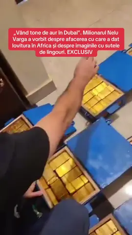 „Vând tone de aur în Dubai”. Milionarul Nelu Varga a vorbit despre afacerea cu care a dat lovitura în Africa și despre imaginile cu sutele de lingouri. EXCLUSIV Nelu varga, despre afacerea sa cu aur: „Alții vând scaune, fac blocuri, vând mâncare. Eu am firmă de minerit. Care e problema?” „Nu știu cum apar aceste imagine pe internet. Mi s-a virusat telefonul și probabil cineva mi le-a furat din telefon. Este business-ul meu. Care este problema? Am licență, am firmă… Vând aur în Dubai. Vând tone de aur. De 11 ani am mină de aur în Africa”, a povestit Nelu Varga. Patronul de la CFR Cluj s-a enervat pentru felul în care au fost comentate aceste imagini: „Nu înțeleg de unde atâta răutate. Din 2007 am mină de aur. Am firmă de minerit și în România. Alții vând scaune, fac blocuri, vând mâncare. Eu am firmă de minerit. Care e problema?”.