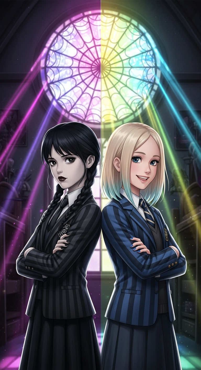 🌑 Wednesday’s shadows vs 🌈 Enid’s light — two sides of Nevermore in one frame. Back-to-back, rivals and roommates. 🖤💙✨ Who’s your favorite? 👇 #WednesdayAddams #EnidSinclair #NevermoreAcademy #NetflixWednesday #GothicAesthetic