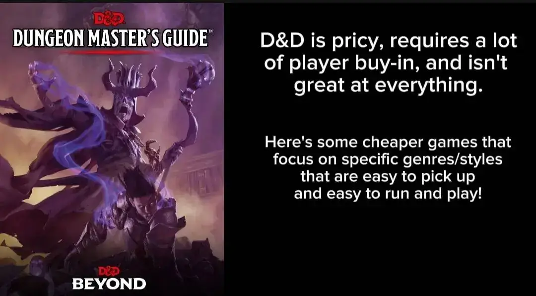 I think the hardest part of finding your perfect #rpg (or getting out of the rut of staying with #dnd ) is not knowing what to play. Here's some well-tested games that are fun to play to try some one shots or even a longer campaign. #ttrpg #gaming #dndtiktok 