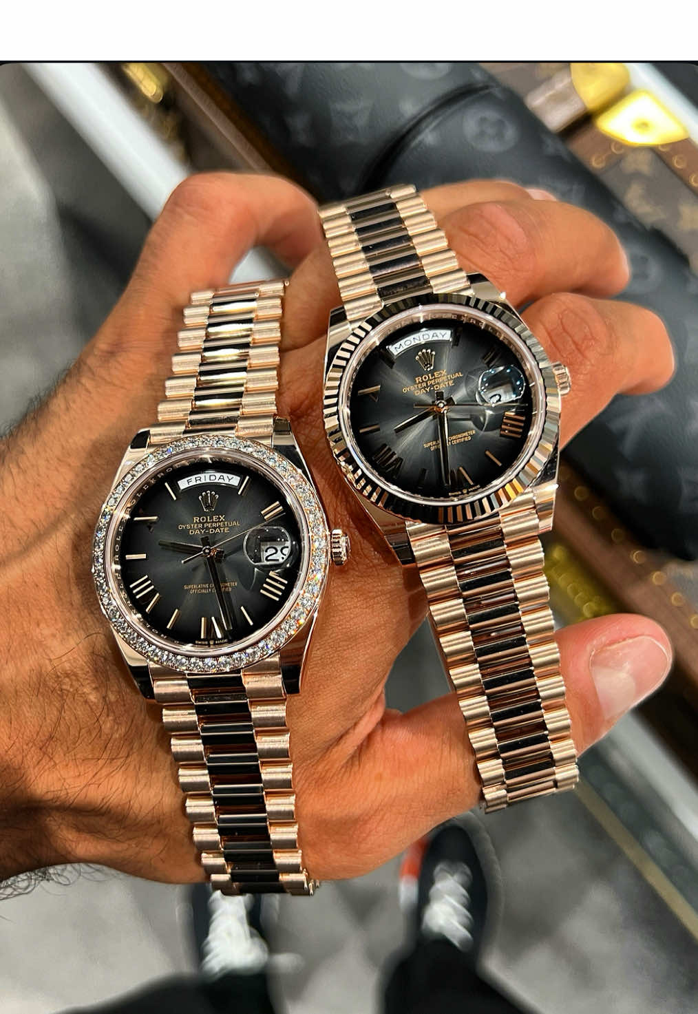 Which one?  2025 228345RBR Day-Date 40 Rose Gold Slate Grey Ombré Dial Unworn Box & Papers.  🔥£57,995🔥 2025 228235 Day-Date 40 Rose Gold Slate Grey Ombré Dial Unworn Box & Papers.  🔥£44,500🔥 #rolex #daydate #rose #ombre #slate                  