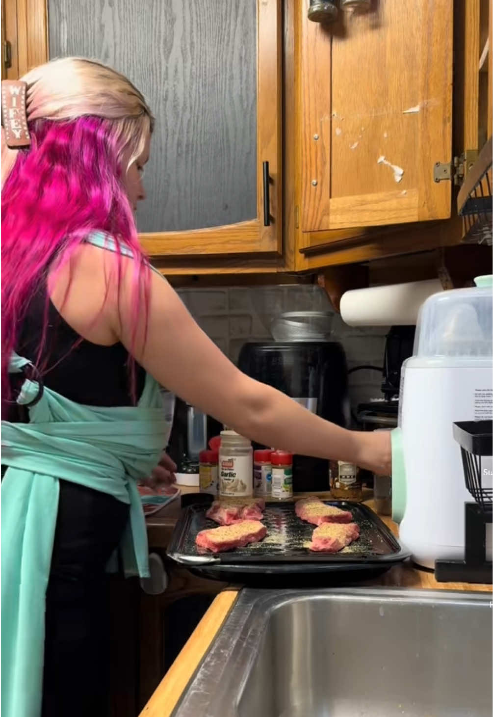 Teaching her how to cook young I guess?🤣 #MomsofTikTok #babiesoftiktok #cooking #Vlog #sahm 