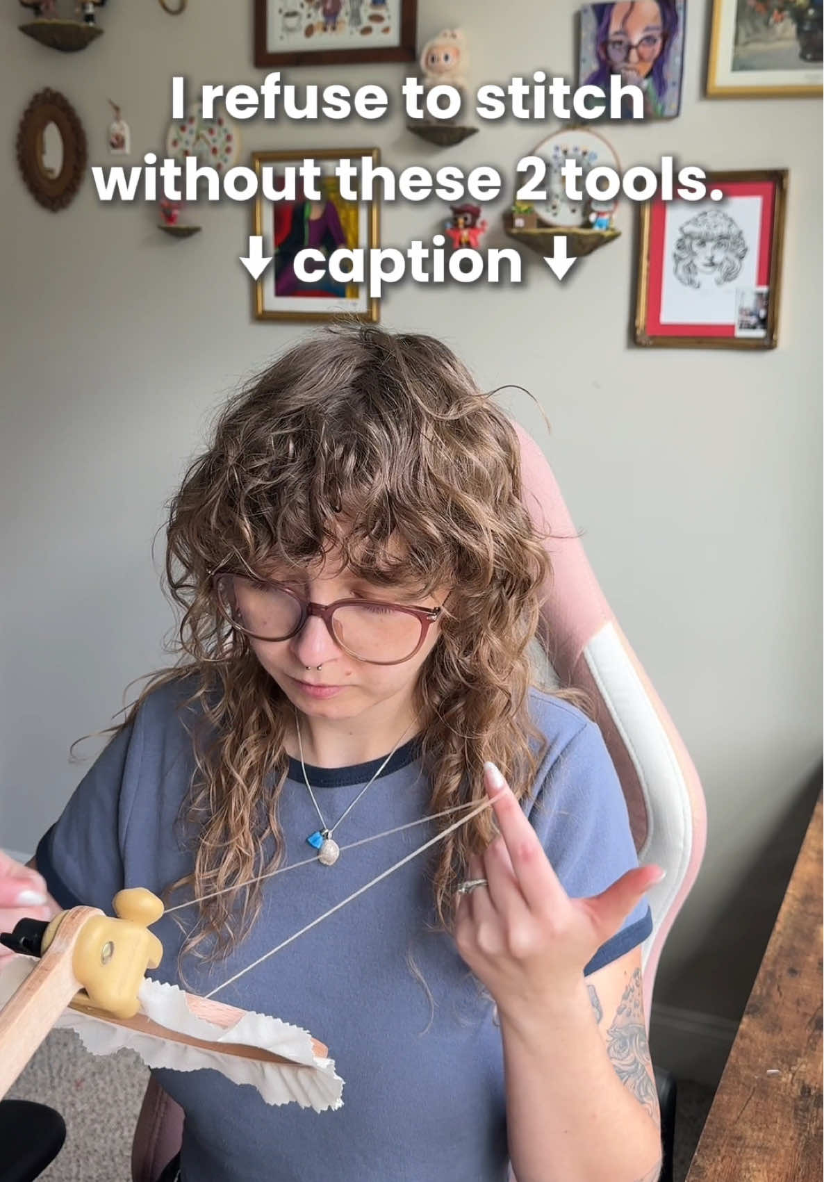 Two tools I don’t stitch without: 1. Thread gloss This is my secret weapon against tangly thread. Without it, my floss knots up constantly. With it, I almost never have issues. Plus, it makes the stitches lay nice and flat. I love it so much I refuse to stitch without it now. 2. Hoop stand Love of my life. 💖 A hoop stand holds your embroidery hoop securely, keeping your fabric still while you stitch. This not only reduces hand strain, but it also makes stitching more accurate and efficient since your hoop isn’t moving around. Game changer for sure.  #handembroidery #embroidery #embroideryforbeginners #beginnerembroidery #embroiderytutorial #embroideryhoop #embroiderydesign #embroiderydesigns 