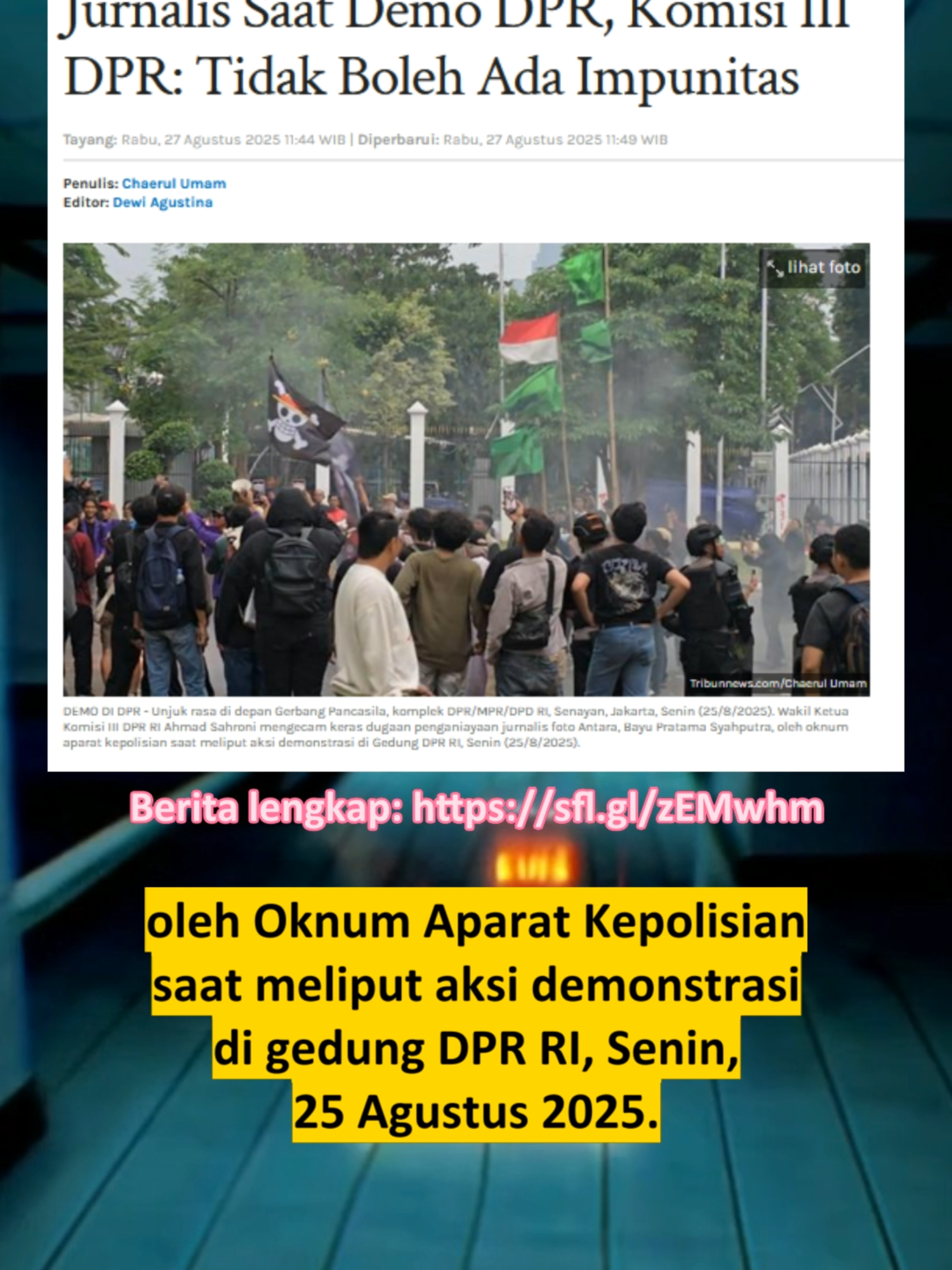Artikel lengkap: https://sfl.gl/zEMwhm Wakil Ketua Komisi III DPR RI Ahmad Sahroni mengecam keras dugaan penganiayaan jurnalis foto Antara, Bayu Pratama Syahputra, oleh oknum aparat kepolisian saat meliput aksi demonstrasi di Gedung DPR RI, Senin (25/8/2025). Dia mendesak Propam Polda Metro Jaya segera mengusut tuntas dan memberikan sanksi tegas kepada pelaku. #beritaviral #beritatiktok #news