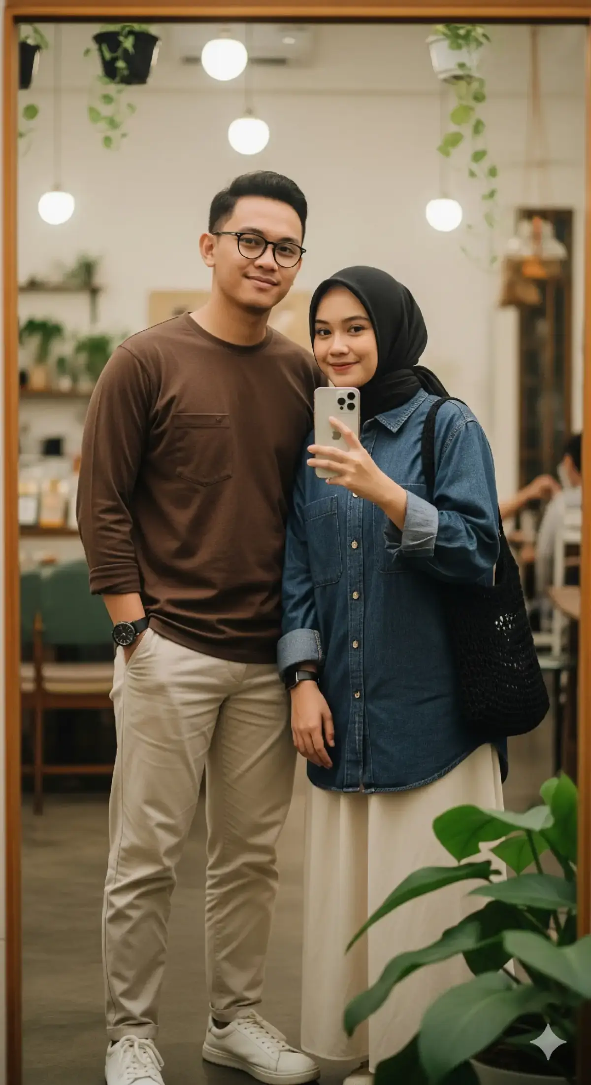 Sepasang muda-mudi Indonesia  berkulit cerah berdiri bersandar di depan pintu besar berwana biru ada tanaman bunga yang menjuntai di dekat pintu,  ruangan kafe tertutup. Pria muda dan tampan berkulit cerah, mengenakan kacamata baca, kemeja lengan panjang berwarna coklat, mengenakan jam tangan hitam di lengannya, bertubuh proporsional, terlihat dengan rambut hitam pendek, mengenakan celana panjang cream. Di sampingnya, seorang perempuan cantik berhijab hitam, mengenakan kemeja jeans biru tua oversize yang dan rok panjang berwarna cream memakai tas Totbag rajut warna hitam. Ia tersenyum lembut. Ekspresinya keduanya hangat dan ceria berdiri sejajar. Suasana kafe ini dihiasi lampu gantung yang menyala, dan foto yang diburamkan lembut. Kualitas DSLR, komposisi vertikal 9:16, kedalaman bidang yang dangkal. Foto close up setengah badan. Angel kamera low angel dari samping kanan . #chatgpt  #gemini  #aipromt 