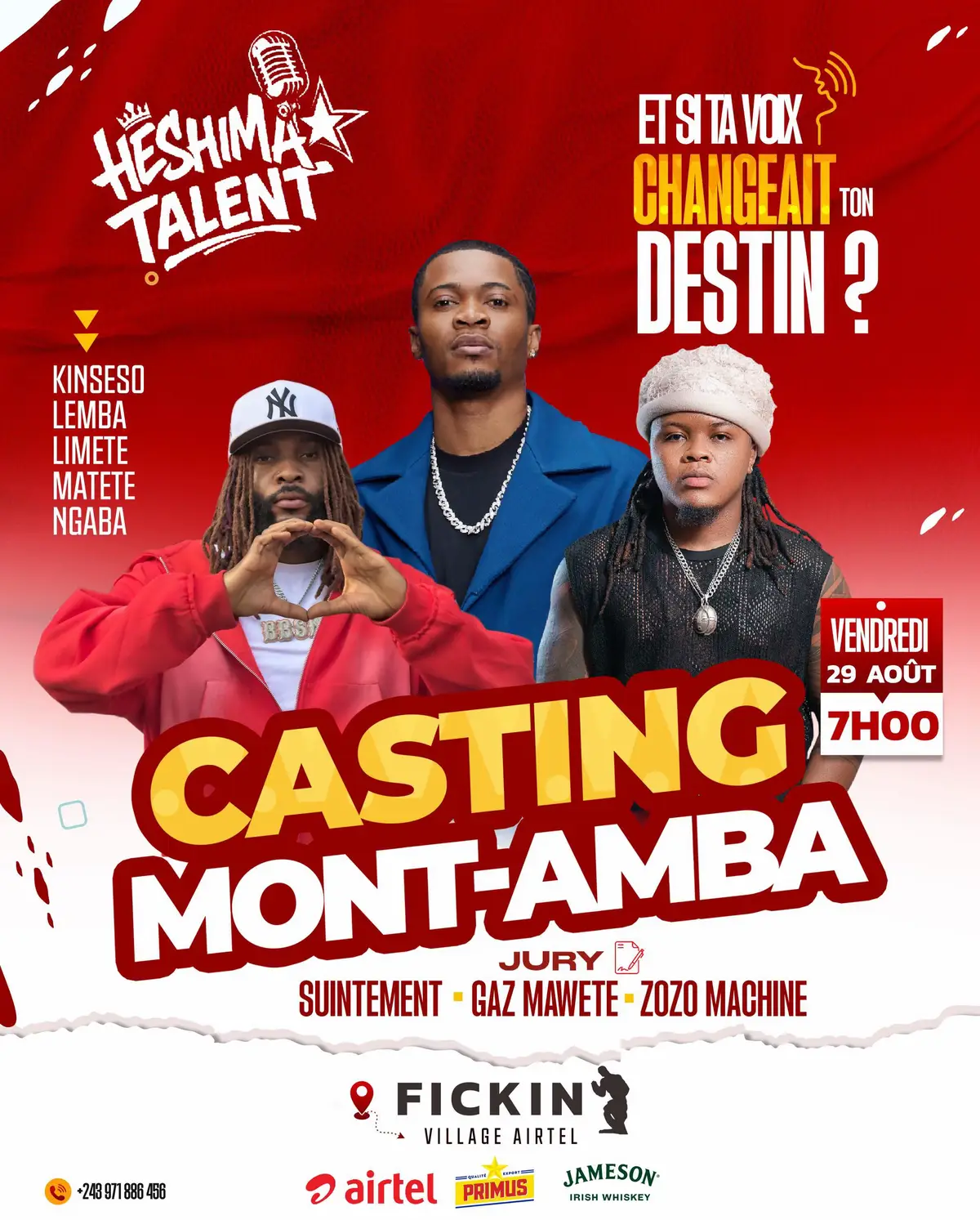 🚨 Mont-Amba, RDV à la FIKIN ce vendredi ! ⏰ Inscriptions de 7h à 10h La scène est à vous… prêts à briller ? ✨ Casting ouvert au public 🔥🔥 Venez vivre la vraie compétition ! #heshimatalent 