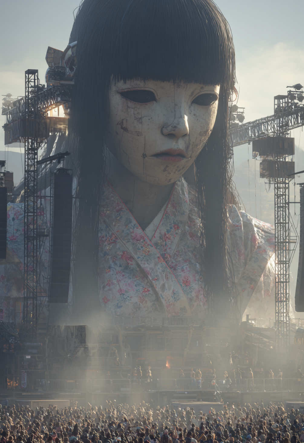 📍👘🕯️👁️NULORA // Porcelain Giant   🗓 2025.08.26   A porcelain doll in a floral kimono appeared behind the stage.   The crowd kept filming. The tension never dropped.   #NULORA #loopvisual #dollcore #AIvisual #japaneseaesthetic 