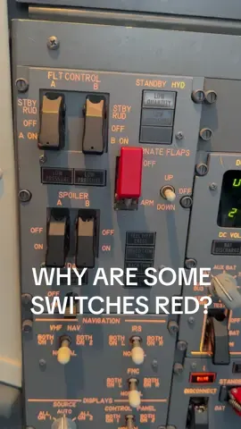 WHY ARE SOME AIRCRAFT SWITCHES RED?! 🔴❌✈️ Red switches are also known as ‘guarded switches’, which are switches for safety critical functions. Usually, once used it cannot be reversed until back on the ground. It’s important that pilots don’t accidentally use these, so they are red to draw our attention. The red part is a ‘guard’ - you have to lift it up to reveal the switch underneath, making it difficult to use by accident. Some also have small copper wire attached too, which the pilots have to break in order to use the switch. This again reduces accidental activation, but also reminds the crew that they are completing an important action. These switches are only ever used in a non-normal situation when guided to by a checklist.  👍🏻✈️ #b737 #737 #aviation #flying #typerating       This account has been made to make aviation knowledge more accessible. I’m not a TKI/TRI. I’m making these videos for fun and to improve my own knowledge - if you see something that’s not quite right, please let me know and we can learn together. Views/knowledge are not representative of any airline and airline manuals/FCOM should be the primary source of information. 