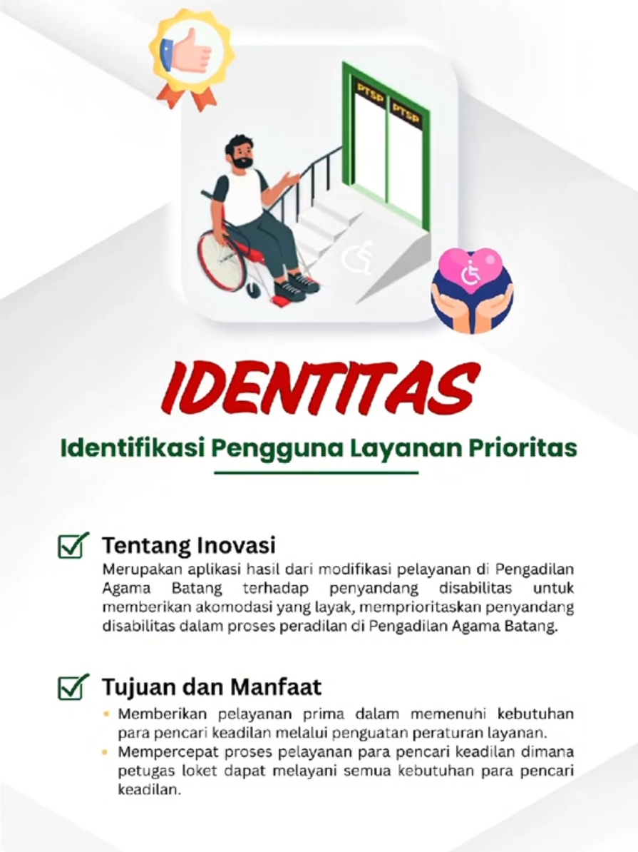Hallo, Sobat Peradilan🌞 Karena setiap warga berhak mendapatkan akses keadilan yang setara💐 Bagi kaum rentan yang ingin mendapatkan layanan Prioritas di Pengadilan Agama Batang, kami berinovasi dengan IDENTITAS🌸 Hubungi nomor Whatsapp 089526346757 📞 agar kami dapat mempersiapkan kebutuhan kaum rentan yang diperlukan👩🏻‍💻 Pengadilan Agama Batang berkomitmen memberikan pelayanan terbaik untuk Anda🫶🏻 #PA_BatangInklusif #LayananTanpaBatas  #pabatangmantap  ##mahkamahagung #inovasi 