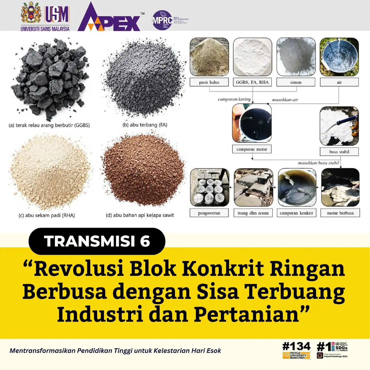 Dengan teknologi ini, kita bukan sahaja mengurangkan pencemaran dan pembaziran, malah membuka jalan kepada binaan mampan, ringan, dan mesra alam untuk masa depan yang lebih hijau. 🌍✨ Untuk maklumat lanjut, sila klik pautan di bio. #USM  #WeLead  #InovasiHijau  #SustainableFuture #Research