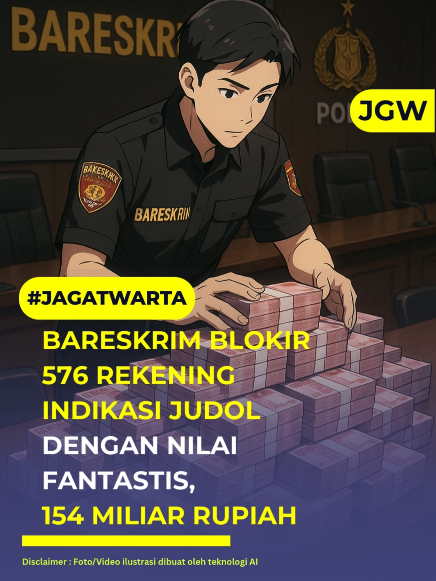 Direktorat Tindak Pidana Siber (Dittipidsiber) Bareskrim Polri baru saja menindak tegas sindikat judi online, memblokir 576 rekening yang diyakini terlibat aktivitas ilegal dengan total dana mencapai sekitar Rp63,7 miliar. Tak cuma itu: penyidik juga menyita 235 rekening lain dengan nilai fantastis Rp90,6 miliar, menyebabkan total dana yang dibekukan dan disita menyentuh angka Rp154,3 miliar dalam periode Mei–Agustus 2025. Dalam konferensi pers, Brigjen Pol. Himawan Bayu Aji menyampaikan bahwa langkah ini berdasar pada hasil analisis PPATK—yang mendeteksi 5.920 rekening mencurigakan—dan ditindaklanjuti melalui penyidikan resmi, termasuk tiga berkas perkara yang kini tengah diproses. Selain itu, kasus-kasus ini sebagian sudah dikirim ke Pengadilan Negeri Jakarta Pusat dan Selatan, memperkuat sinyal bahwa aparat tidak main-main dalam penyergapan jaringan judi online. Komitmen Bareskrim tampak kuat: bukan hanya menindak pelaku, tetapi juga mengorek tuntas pola pencucian uang dari judi online—sebuah bagian dari program “Asta Cita ke-7” yang luncurkan Presiden Prabowo Subianto. Kabareskrim memastikan, upaya pemberantasan akan terus dilanjutkan, termasuk melacak konten judi online, operator, bandar, hingga infrastruktur digital yang mendukung praktik meresahkan ini. Sumber  : Inilah.com #Judol #BareskrimPolri #BlokirRekening #fyp #Jagatwarta #JagatMewartakan Suka dengan konten ini, ikuti kami juga di    Instagram 	: @jagat.warta TikTok		    : @jagat.warta