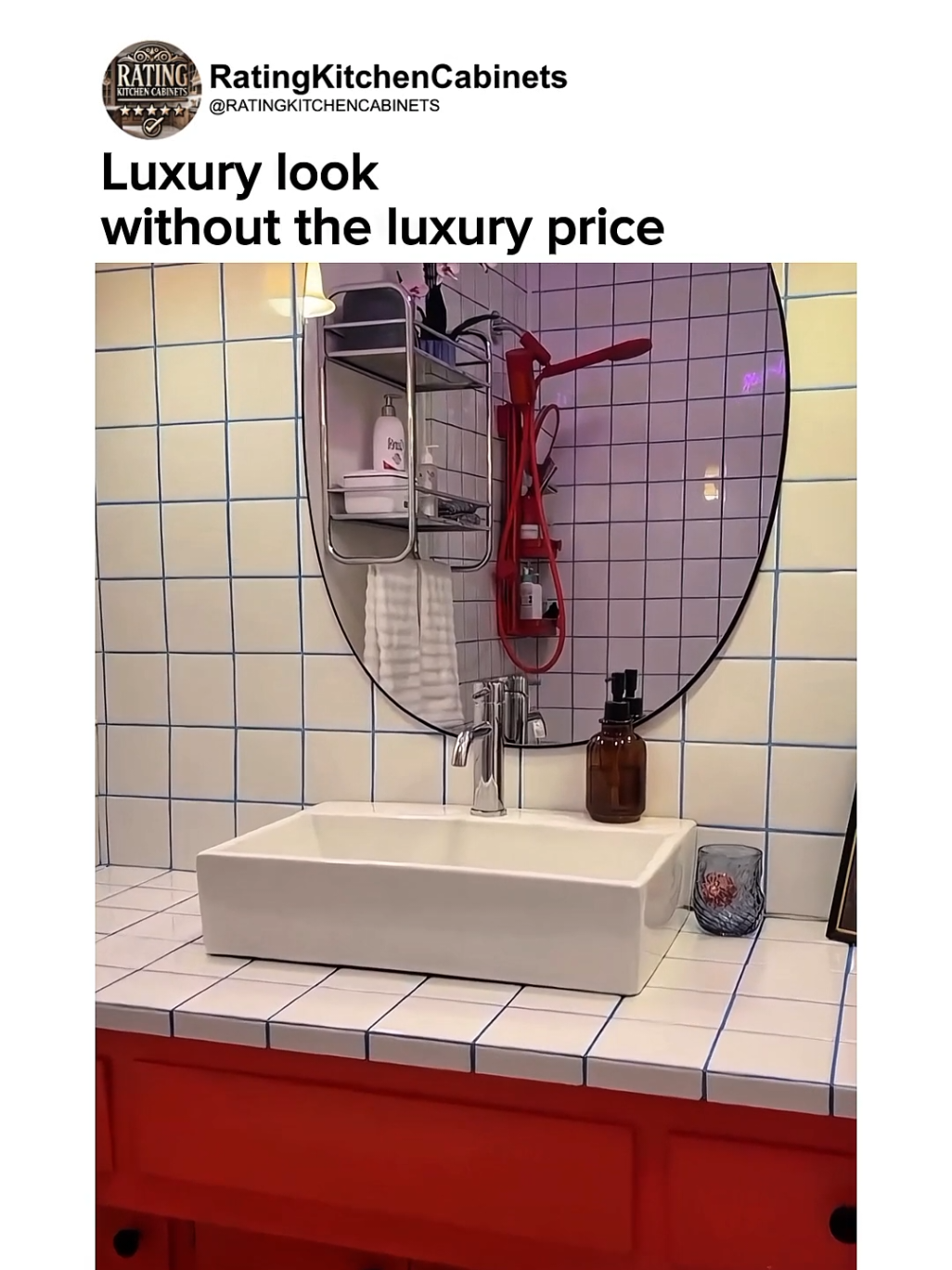 This look screams custom tiles without draining your wallet 💰 @its.charlitty @ratingkitchencabinets #diybathroom #bathroommakeover #budgetfriendlydiy #americanhomes #usahomes #bathroomremodel #diyprojectsusa #homedesignusa #bathroominspo #housegoalsusa #diyhomeimprovement