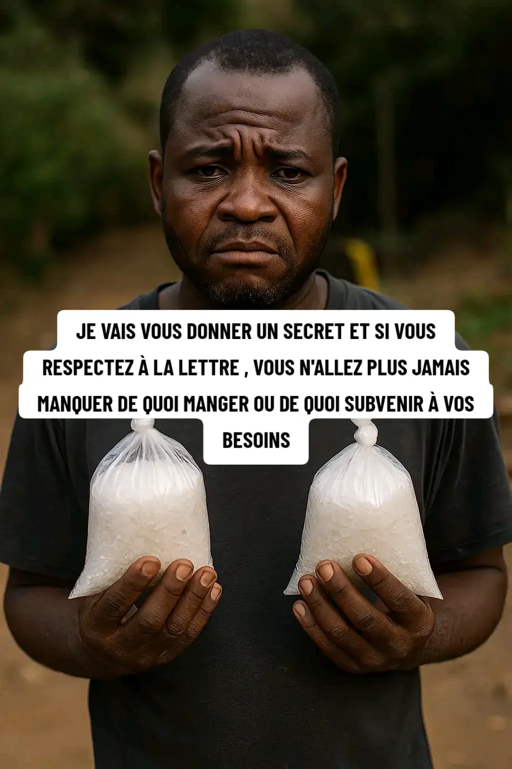 JE VAIS VOUS DONNER UN SECRET ET SI VOUS RESPECTEZ À LA LETTRE , VOUS N'ALLEZ PLUS JAMAIS MANQUER DE QUOI MANGER OU DE QUOI SUBVENIR À VOS BESOINS ❗🤲                  Suivez bien et respectez les détails 🤲  1- Va au marché et achète du sel attaché dans un sachet, 3 sachets , peu importe le prix ne discute pas ! Même si le sel n'est pas attaché dans votre pays, achète et divise en 3 parties et attache toi même dans 3 sachets différents ! 2- Une fois à la maison cherche également un balai africain déjà utilisé  3- Le lendemain matin très tôt , faites bouillir une bonne quantité d'eau  propre, puis une fois descendez la marmite du feu , verser l'eau dans un sceau d'eau, puis détacher un sachet de sel dans cette eau . Laisse tiède puis va prendre ton bain tout en faisant ton vœu, sous là douche vous devez déposer le balai puis rester debout dessus pour prendre le bain 4 - Le  jour suivant, très tôt le matin répété la même procédure et utiliser le deuxième sachet de sel mais toujours le même bala 5- le 3e jour finissez en avec le 3e sachet de sel . À la fin du 3e jour de bain , allez brûler compléter le bali ou aller jeter sur un tas dit ou bien enterrer                    #Réaction  Même si tout le monde voyait en toi un produit fini , tu vas les surprendre , tu vas plus que réussir . Ta vie va changer . Tu ne manqueras plus jamais de rien 🤲🙏 Maman  Daouda 