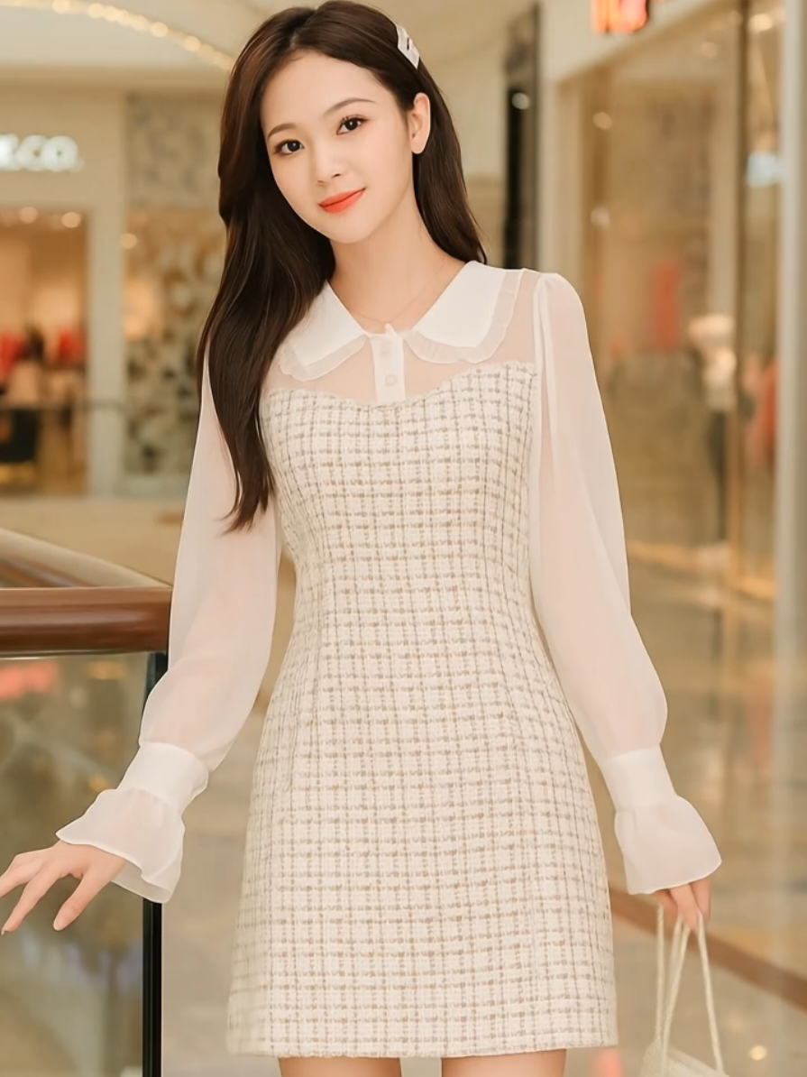 Tweed Mini Dress w/ Chiffon Long Sleeves D1179 #TweedMiniDress #ChiffonLongSleeves #dressterbaru 