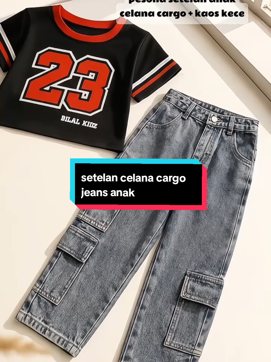 setelan celana cargo jeans anak dan kaos crop top kece #rekomendasi #setelananak #setelananakcewek #setelancelanaanak  #fyp 